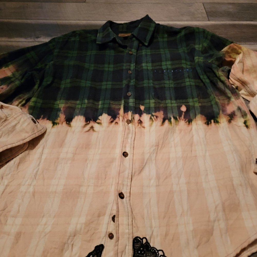 Custom Blue Green flannel plaid bleached shirt with sequined reindeer on back - Picture 5 of 7